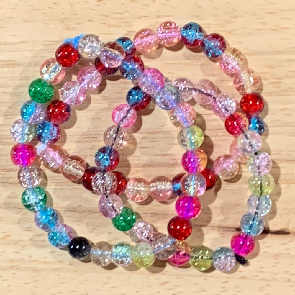 Handcrafted Set‎ of 3 Multicolor Crackle Glass Bead Stretch Bracelets Fairy